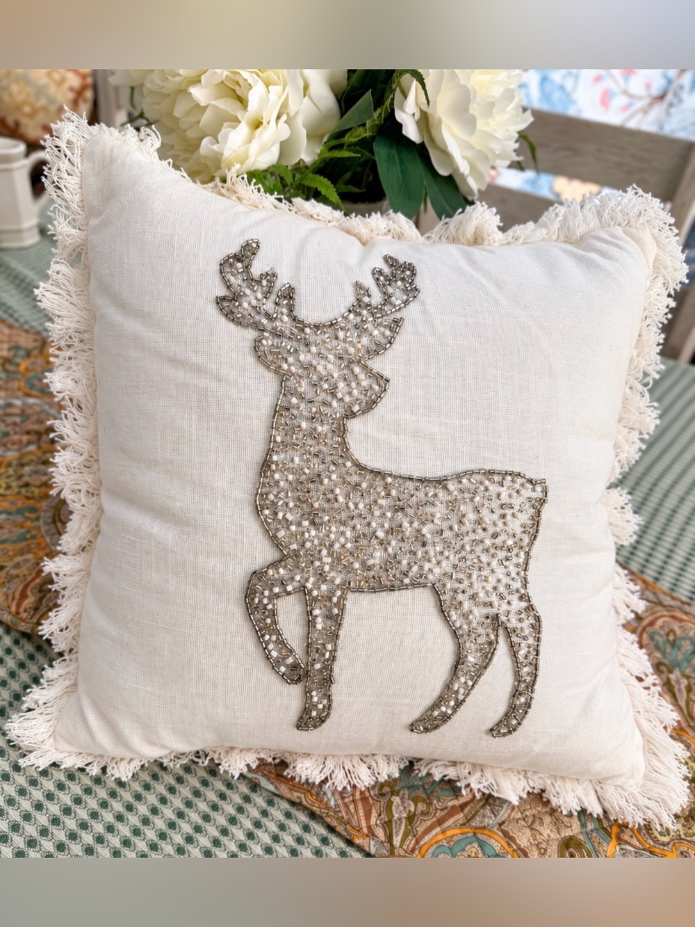 Beaded Silver Reindeer Christmas Throw Pillow 16x16 Fringe Holiday Decor New